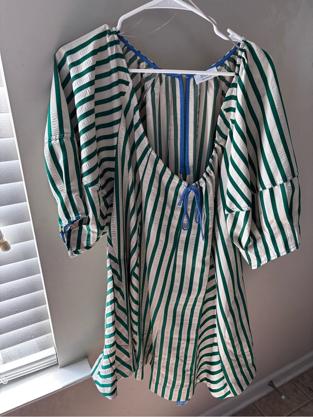 Striped Green & White Women's romper with Blue Tie